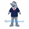 Gray Shark Mascot Costume with Navy Suit and Red Tie