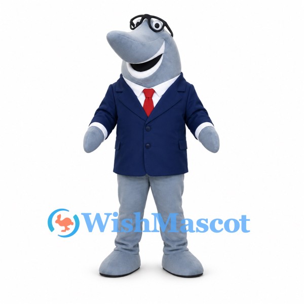 Gray Shark Mascot Costume with Navy Suit and Red Tie