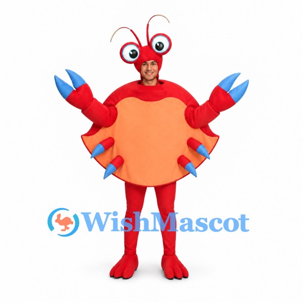 Red Crab Mascot Costume with Blue Claws and Face Opening