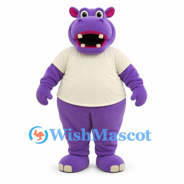 Purple Hippo Mascot Costume with White T-Shirt