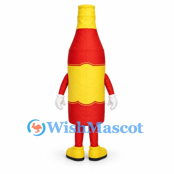 Red Bottle Mascot Costume with Yellow Label and Cap