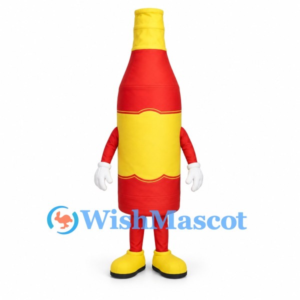 Red Bottle Mascot Costume with Yellow Label and Cap