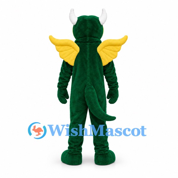 Green Dragon Mascot Costume with Yellow Wings and White Horns