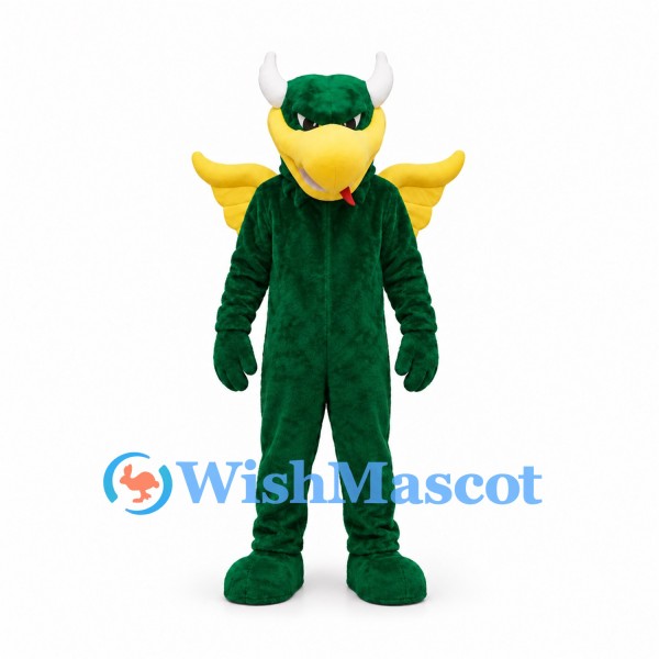 Green Dragon Mascot Costume with Yellow Wings and White Horns