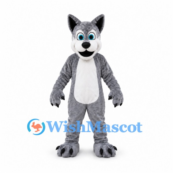Gray Wolf Mascot Costume with White Belly and Blue Eyes