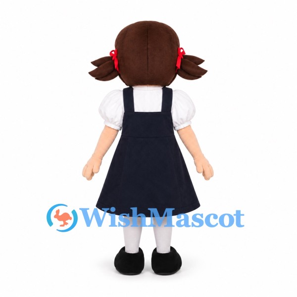 Schoolgirl Mascot Costume with Navy Pinafore Dress and Pigtails