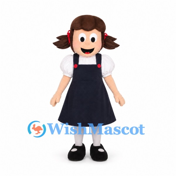 Schoolgirl Mascot Costume with Navy Pinafore Dress and Pigtails