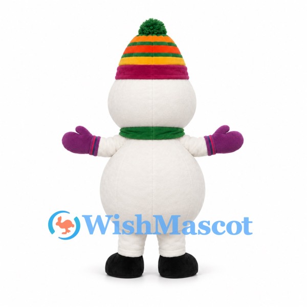 Snowman Mascot Costume with Striped Knit Hat and Scarf