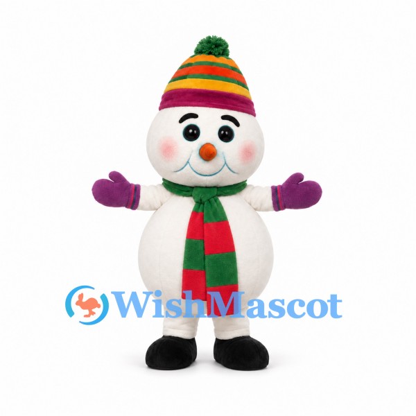 Snowman Mascot Costume with Striped Knit Hat and Scarf