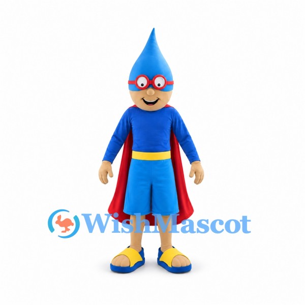 Water Drop Mascot Costume with Blue Superhero Suit and Red Cape