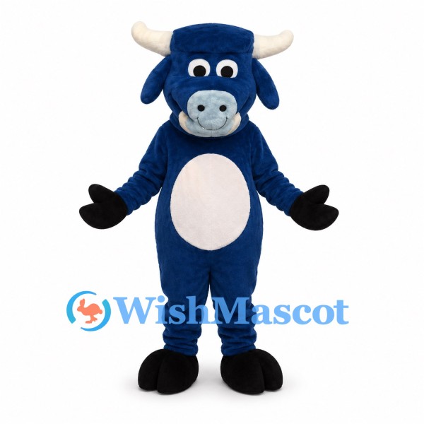 Blue Bull Mascot Costume with White Horns and Black Hooves