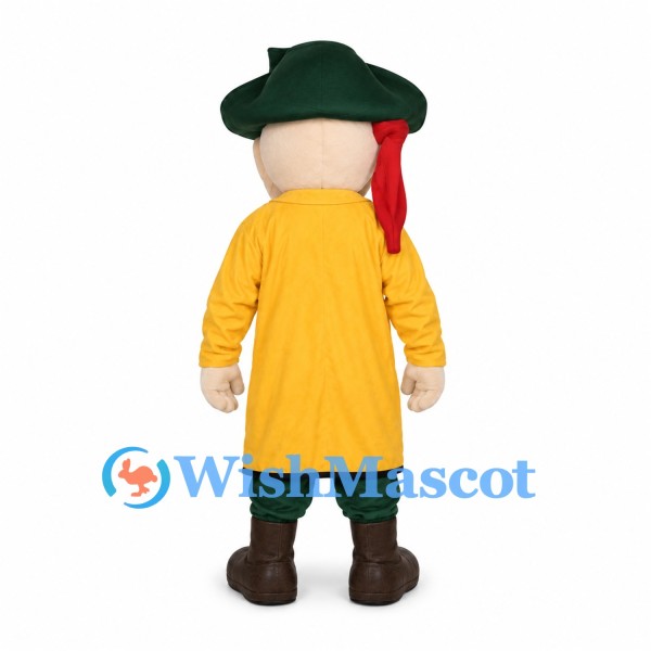 Pirate Mascot Costume with Green Hat and Yellow Long Coat