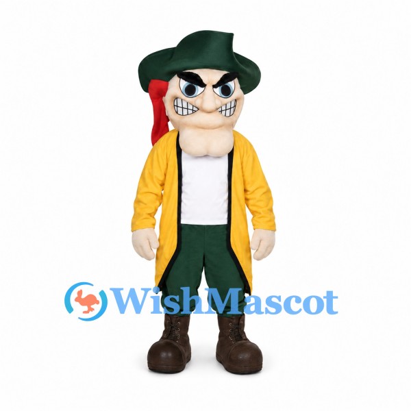 Pirate Mascot Costume with Green Hat and Yellow Long Coat