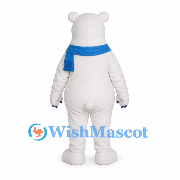 Polar Bear Mascot Costume with Blue Scarf and Purple Paw Pads