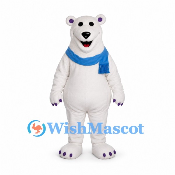 Polar Bear Mascot Costume with Blue Scarf and Purple Paw Pads