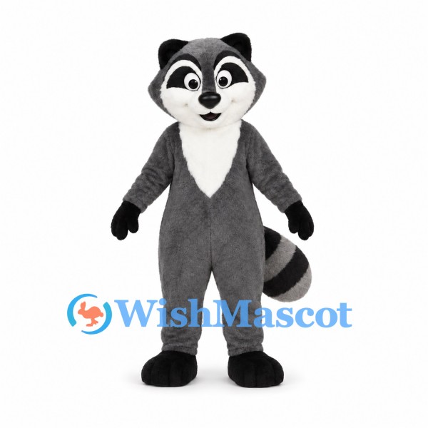 Gray Raccoon Mascot Costume with Black Mask and Striped Tail