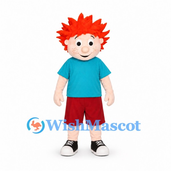 Boy Mascot Costume with Orange Spiky Hair and Turquoise Shirt