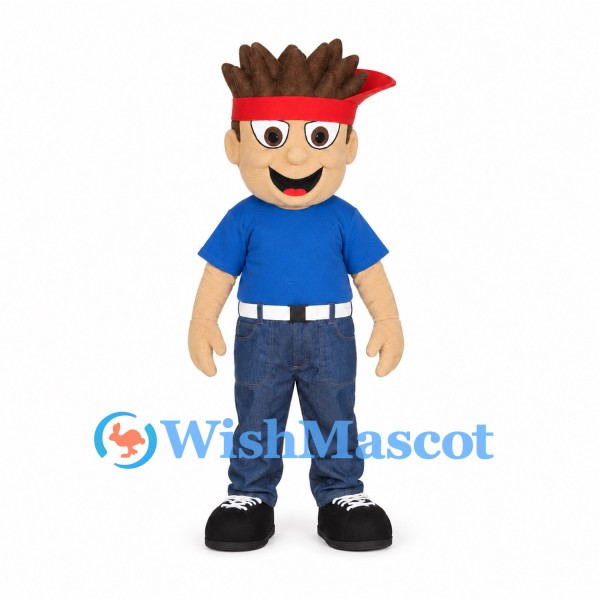 Boy Mascot Costume with Red Headband, Blue Shirt and Jeans