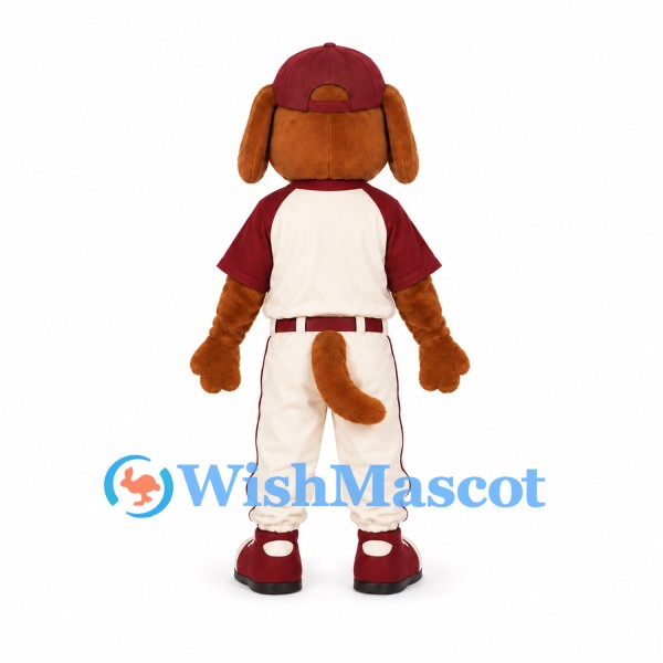 Brown Dog Mascot Costume with Burgundy Baseball Uniform