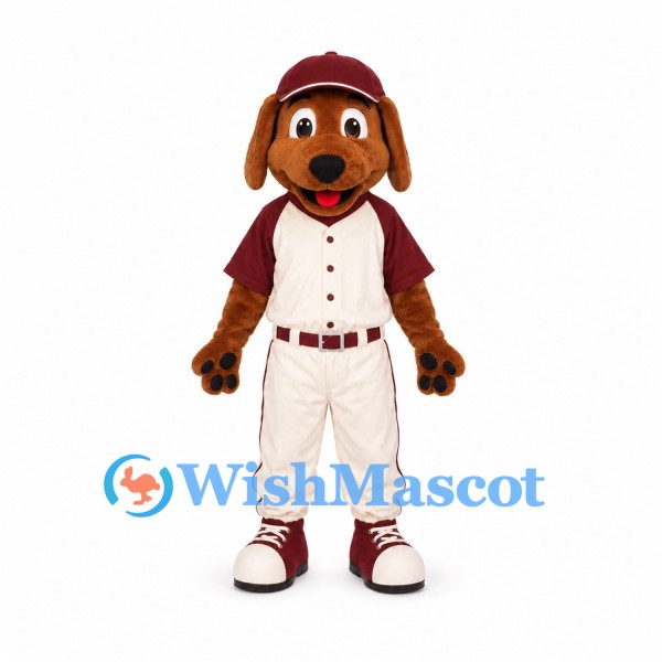 Brown Dog Mascot Costume with Burgundy Baseball Uniform