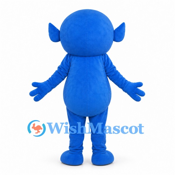Blue Monster Mascot Costume with Pointed Ears and Spiral Belly