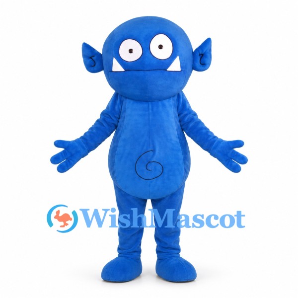 Blue Monster Mascot Costume with Pointed Ears and Spiral Belly