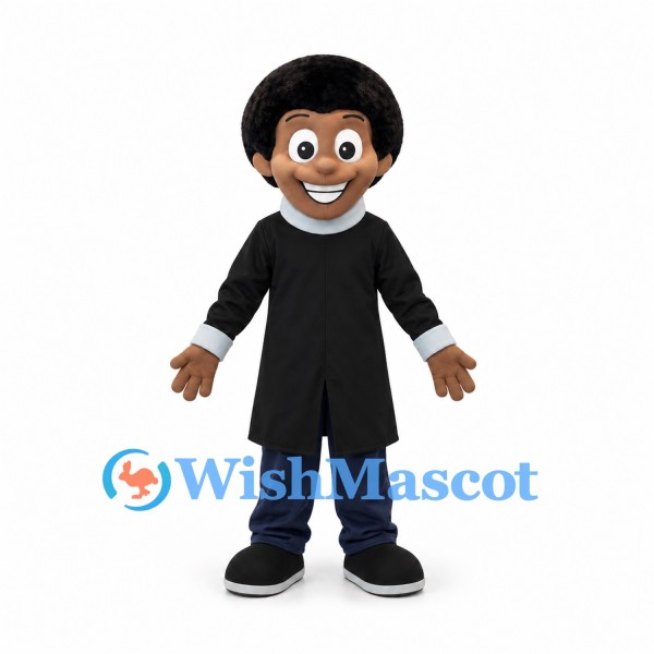 Man Mascot Costume with Black Robe and Curly Hair