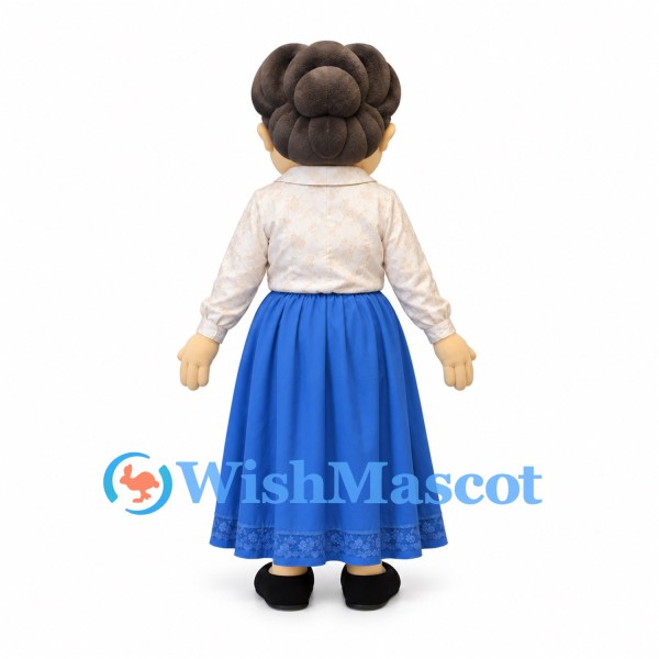 Woman Mascot Costume with Cream Blouse and Blue Skirt