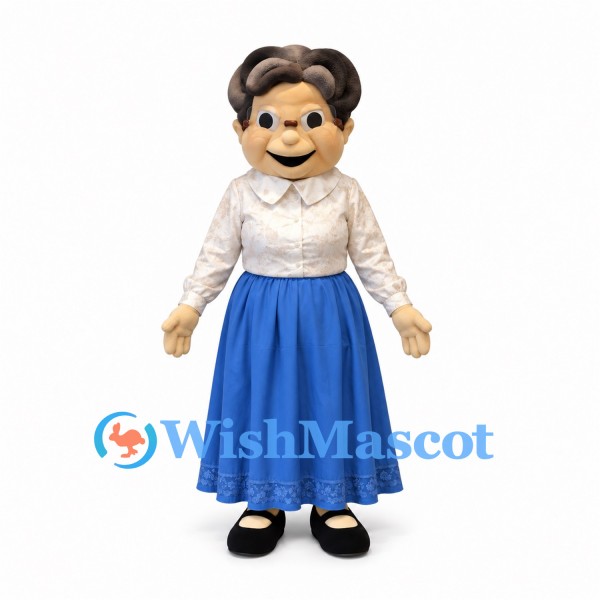 Woman Mascot Costume with Cream Blouse and Blue Skirt