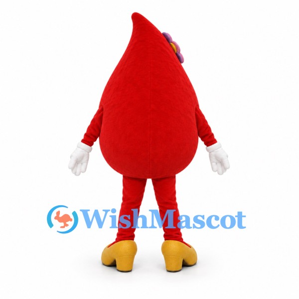 Red Blood Drop Mascot Costume with Purple Flower and Yellow Shoes