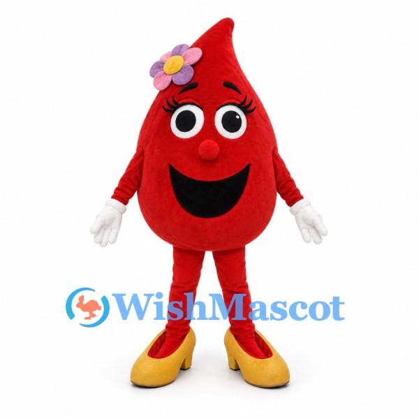 Red Blood Drop Mascot Costume with Purple Flower and Yellow Shoes