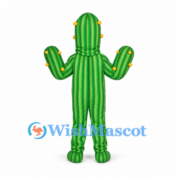 Green Cactus Mascot Costume with Yellow Stripes and Face Opening