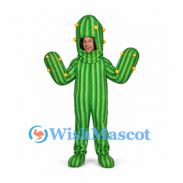 Green Cactus Mascot Costume with Yellow Stripes and Face Opening