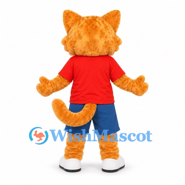 Orange Cat Mascot Costume with Red Shirt and Blue Shorts