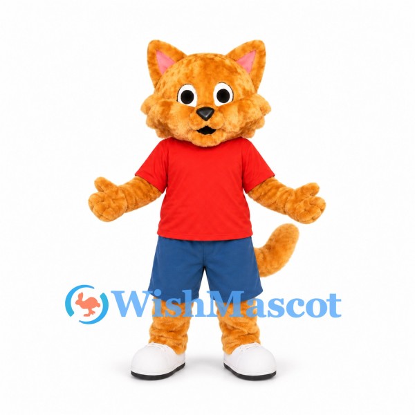 Orange Cat Mascot Costume with Red Shirt and Blue Shorts