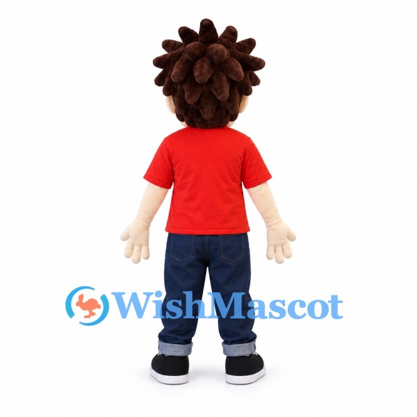 Boy Mascot Costume with Brown Spiky Hair and Red T-Shirt