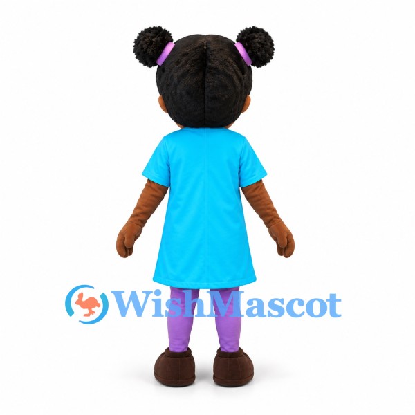 Girl Mascot Costume with Hair Buns and Turquoise Dress