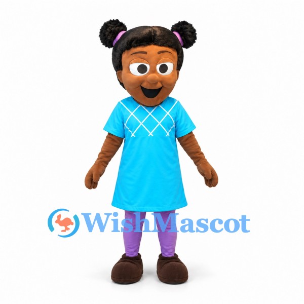 Girl Mascot Costume with Hair Buns and Turquoise Dress