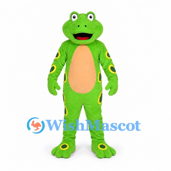 Green Frog Mascot Costume with Yellow Belly and Ring Spots