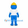 Blue Construction Worker Mascot Costume with Yellow Hard Hat