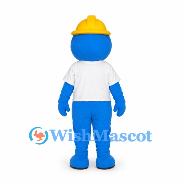 Blue Construction Worker Mascot Costume with Yellow Hard Hat