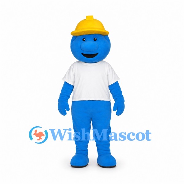 Blue Construction Worker Mascot Costume with Yellow Hard Hat