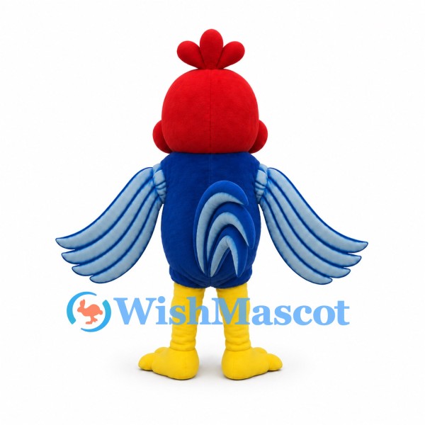Rooster Mascot Costume with Red Head and Blue Striped Wings