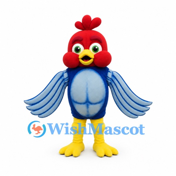 Rooster Mascot Costume with Red Head and Blue Striped Wings