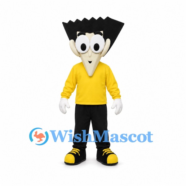 Boy Mascot Costume with Black Spiky Hair and Yellow Shirt
