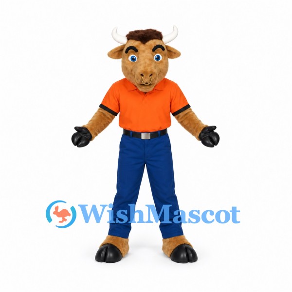 Bull Mascot Costume with Orange Shirt and Blue Trousers