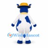 Blue and White Cow Mascot Costume with Yellow Hat and Scarf