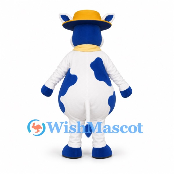 Blue and White Cow Mascot Costume with Yellow Hat and Scarf