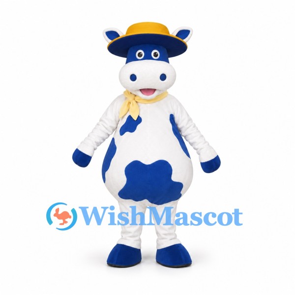 Blue and White Cow Mascot Costume with Yellow Hat and Scarf