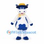 Blue and White Cow Mascot Costume with Yellow Hat and Scarf